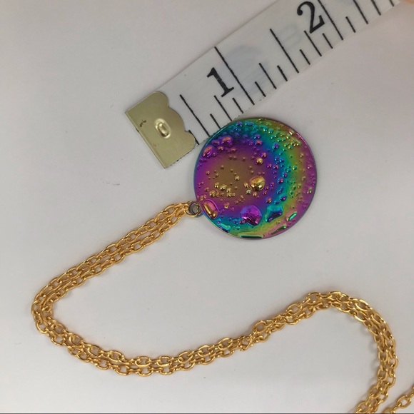 Iridescent Oil Slick Moon Pendent Necklace LONG! - Picture 5 of 6